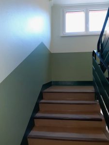 Frisch gestrichene Wände in Grüntönen, Treppenhaus, Stufen in Brauntönen