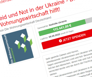 Ausschnitt der Internetseite mit dem Spendenaufruf der Wohnungswirtschaft für vom Ukraine-Krieg betroffene Menschen. Spendenstand am 18.03.2022: 115.441,00 Euro.