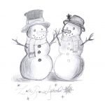 Bleistiftzeichnung: zwei Schneemänner mit Schal, Hut und Möhrennase