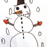 Schneemann mit Möhrennase, roten Handschuhen, schwarzem Hut; an den Seiten ovale Schneeflocken