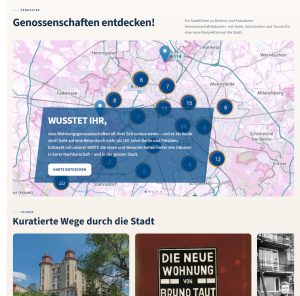 Bildschirmfoto, Stadtplanaussschnitt, Fotos. Text: Genossenschaften entdecken. Kuratierte Wege durch die Stadt, Karte entdecken. Wusstet ihr, ...