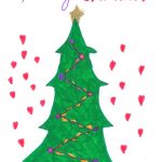 Kinderbild: Weihnachtsbaum, viele kleine rote Herzchen, Text "Merry Christmas"