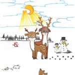 Kniderbild: Schneelandschaft mit Tieren, Schneemännern und Schlittschuhläufern