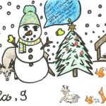 Kinderbild: Schneemann, Tiere, Weihnachtsbaum