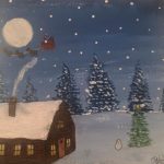 Kinderbild: Winterlandschaft mit Haus, Tanne, Schneemann, Tanne, Schnee, Mond und Schlitten am Himmel