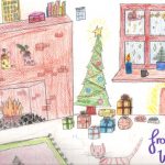 Kinderbild: Wohnzimmer mit Weihnachtsbaum, Geschenken, Kamin, Fenster und Katze