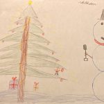 Kinderbild: Tanne, Geschenke, Schneemann