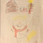 Kinderbild: Hausm Schlitten, Tannenbaum, Schneemann, kleine rote Figur