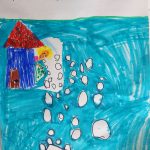 Kinderbild: Frau Holle schüttelt weiße Kugeln aus dem Himmel nach unten.