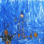 Kinderbild; zwei Figuren vor blauem Himmel